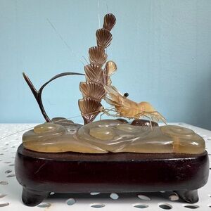 Vintage Chinese Carved Horn Shrimp and Water Plants  Sculpture